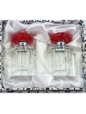Crystal Perfume Bottle set Oleg Cassini Ruby Red Hearts Boxed Retired Valentines